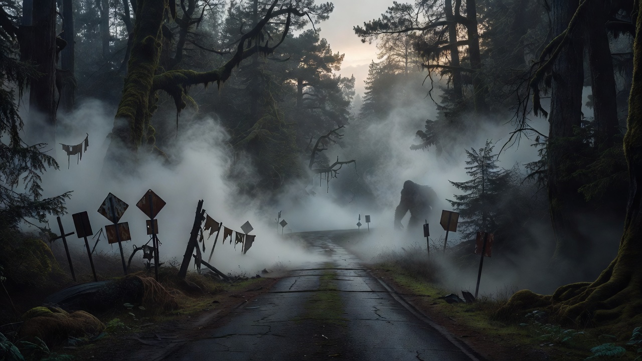 Mysterious Foggy Forest Road Illustrating Cryptid Legends