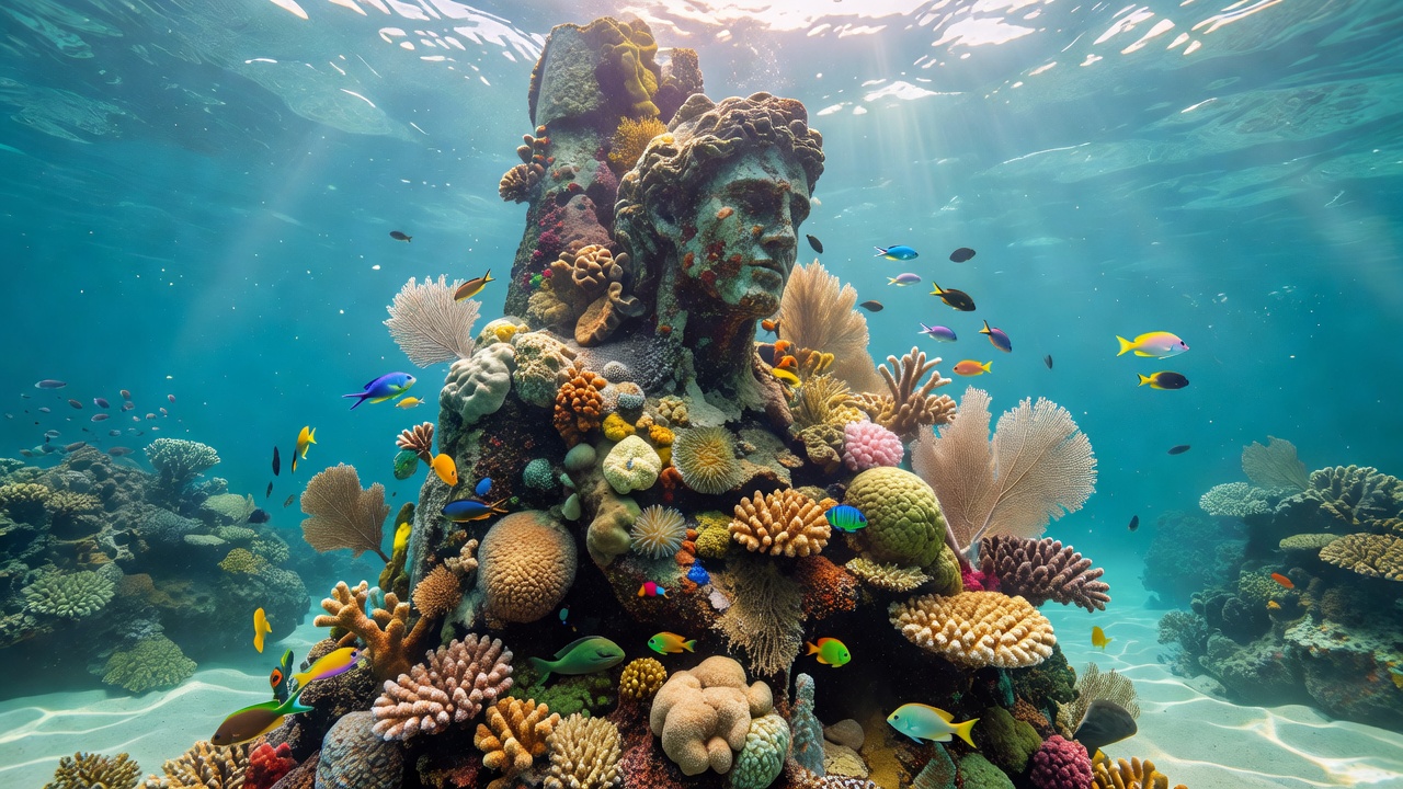 Submerged Ocean Floor Sculpture Covered in Coral and Reef Life