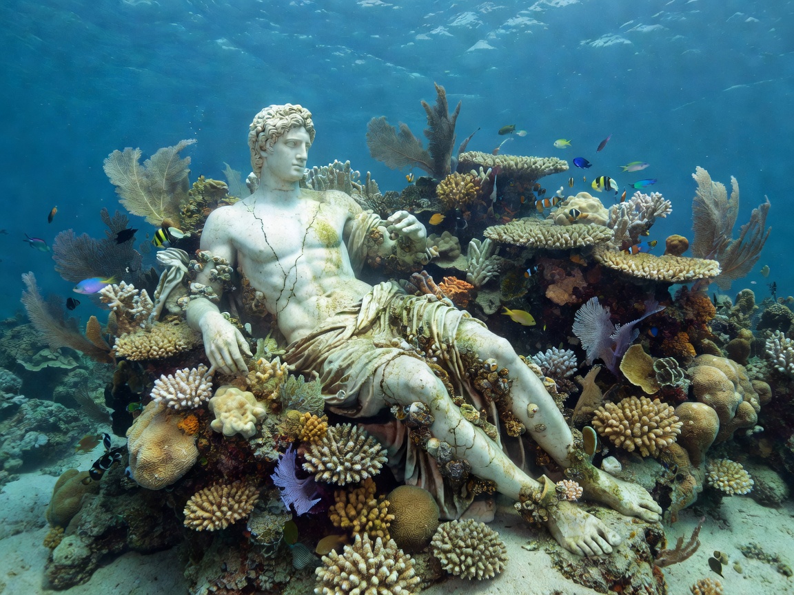 Submerged Underwater Statue and Reef Artifact
