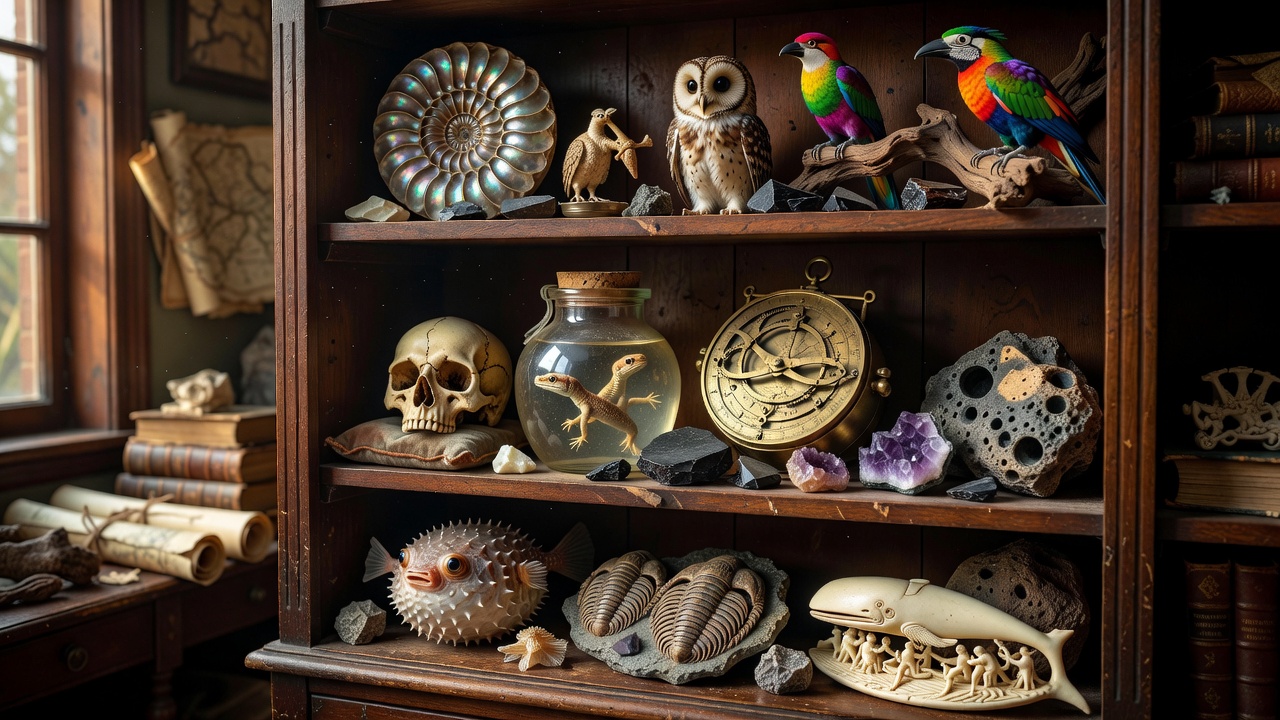 Vintage Cabinet of Curiosities Shelf Filled with Rare Artifacts